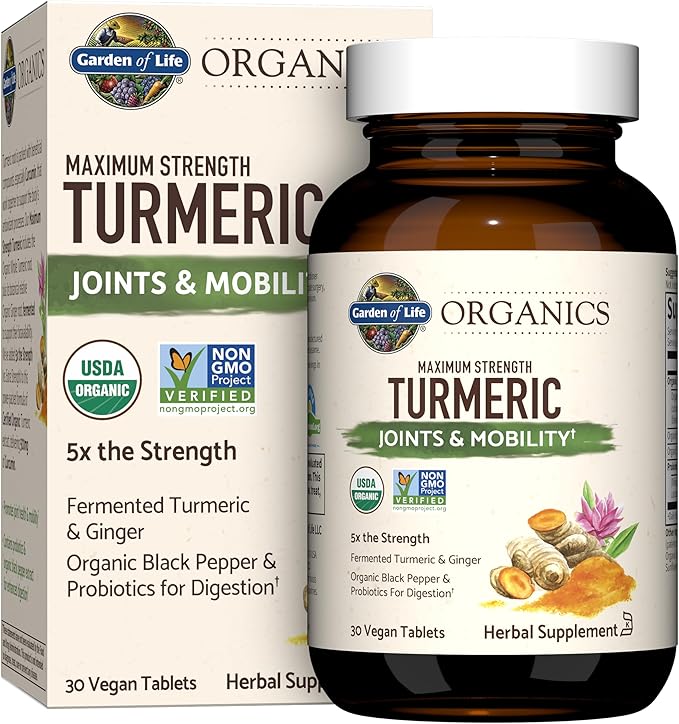 Garden of Life Organics Maximum Strength Turmeric Joints & Mobility Support 30 Tablets - 500mg Curcumin (95% Curcuminoids) Black Pepper - Organic Non-GMO Vegan & Gluten Free Herbal Supplements