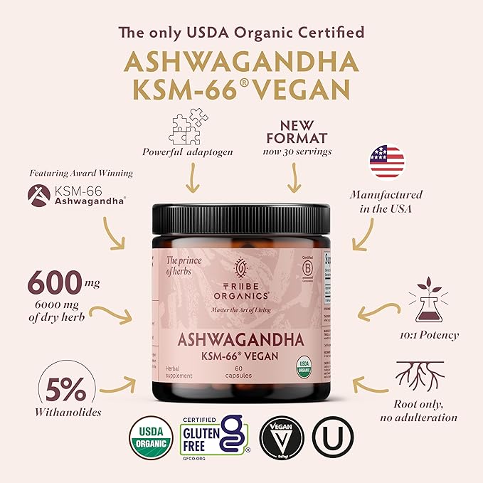 TRIBE ORGANICS Vegan Ashwagandha KSM 66 Pure Organic Root Powder Extract Ayurvedic Supplement - Focus Mood Support Increase Energy Strength 600mg of Natural KSM66 for Superior Absorption - 60 Capsules