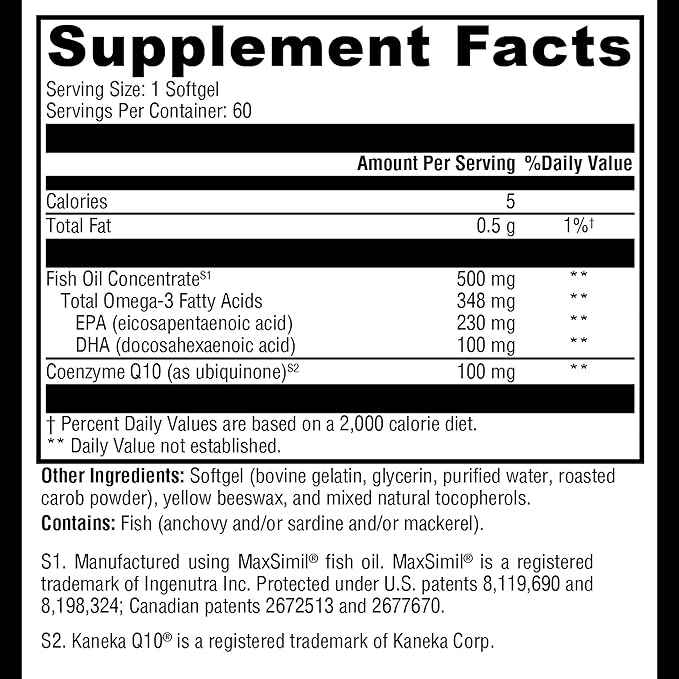 XYMOGEN CoQmax Omega 100 mg - Dual-Action Heart Health Support - CoQ10 Plus Fish Oil Omega-3 - MaxSimil Monoglyceride EPA DHA - Enhanced Absorption - 60 Softgels