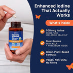 Iodine Supplement – 500 mcg Pure, Raw Form Whole Food Iodine, Potassium Iodide, Icelandic Sea Kelp & Trace Minerals – Daily Thyroid Support for Energy, Metabolism, Vegan – 60 Capsules