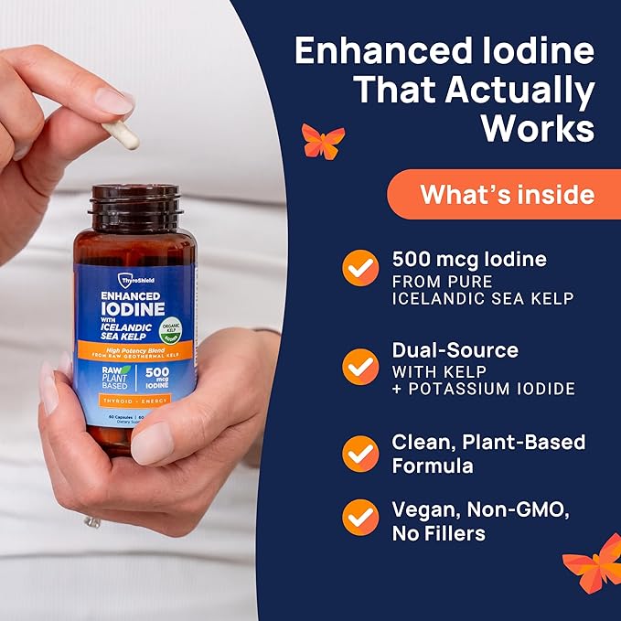 Iodine Supplement – 500 mcg Pure, Raw Form Whole Food Iodine, Potassium Iodide, Icelandic Sea Kelp & Trace Minerals – Daily Thyroid Support for Energy, Metabolism, Vegan – 60 Capsules