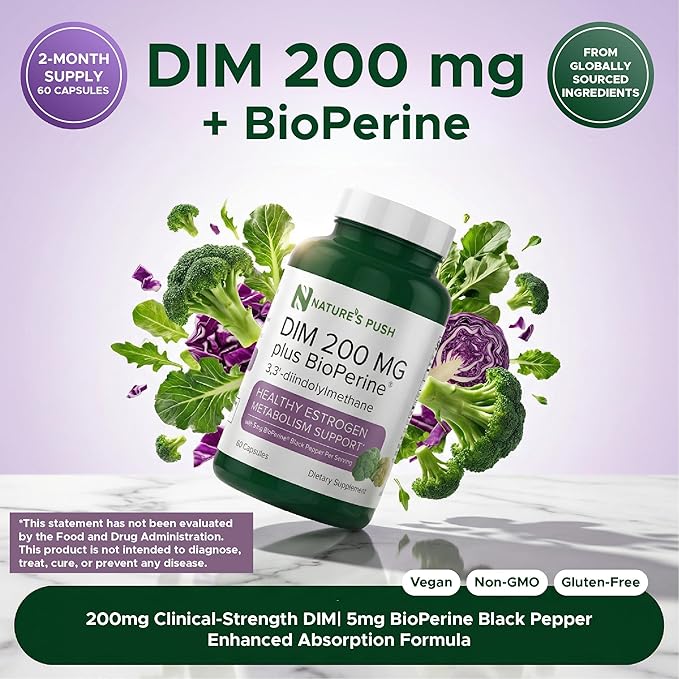 DIM 200mg Estrogen Balance for Women & Men Diindolylmethane Black Pepper for Non-cystic Acne, Hormone Balance, Menopause & Antioxidant Support Vegan Gluten Soy Free Non-GMO USA 2 month supply 60 caps