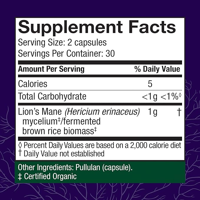 Host Defense Mushrooms Lion's Mane - Supplement Capsules for Brain Health Support - Mushroom Support for Focus & Memory Function - Immune & Nervous System Supplement - 60 Capsules