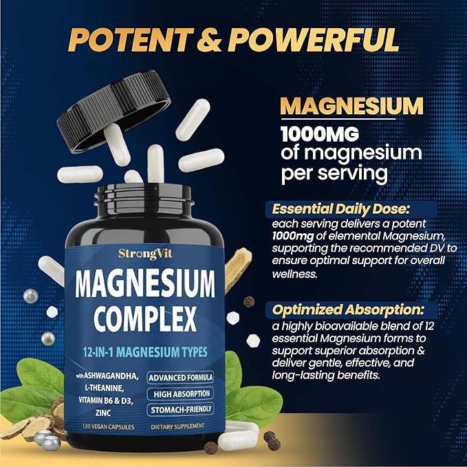 1000mg Magnesium Complex for Women and Men, 12 in 1 Magnesium Supplement with Ashwagandha, Zinc, D3, L-theanine. Easy to Swallow, High Absorption, Sleep Support & Stress Relief (120 Capsules)
