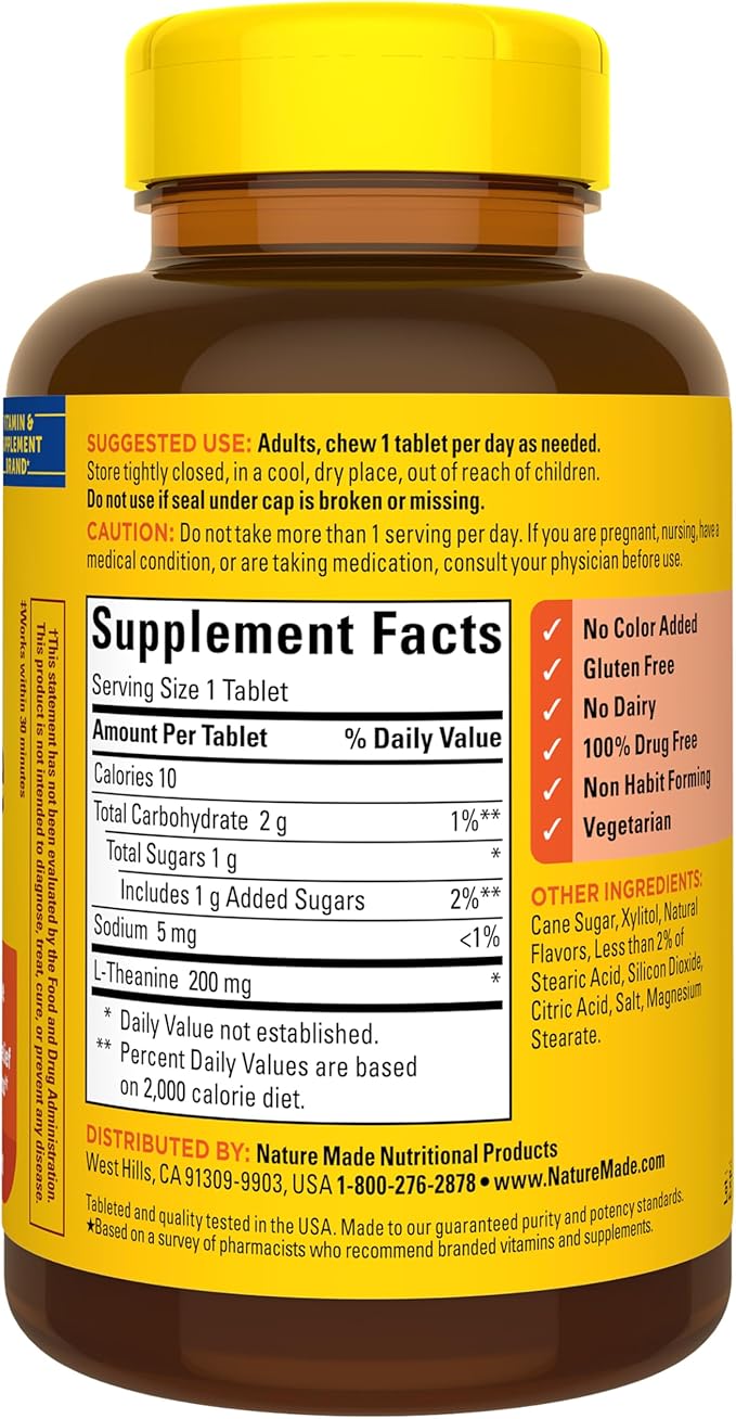 Nature Made Chewable L Theanine 200mg, L-Theanine Supplement for Stress Relief, 50 Chewable Tablets, 50 Day Supply
