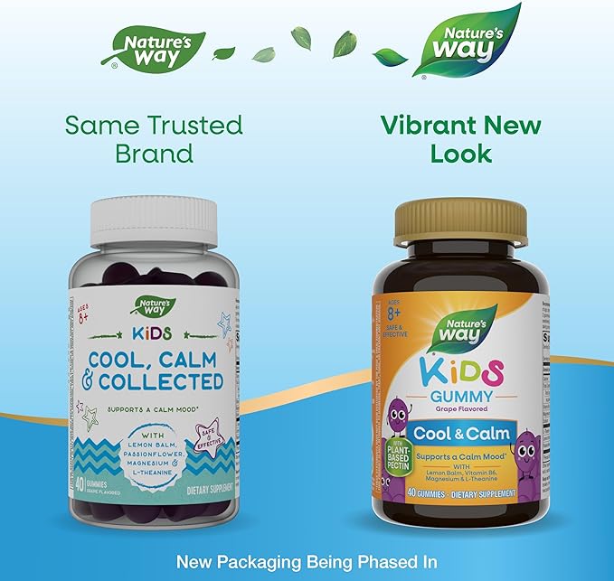 Nature's Way Kids Cool & Calm Gummies, Supports a Calm Mood in Kids Ages 8+*, Lemon Balm, Magnesium, Vitamin B6, L-Theanine, Grape Flavored, Vegetarian, 40 Count (Packaging May Vary)