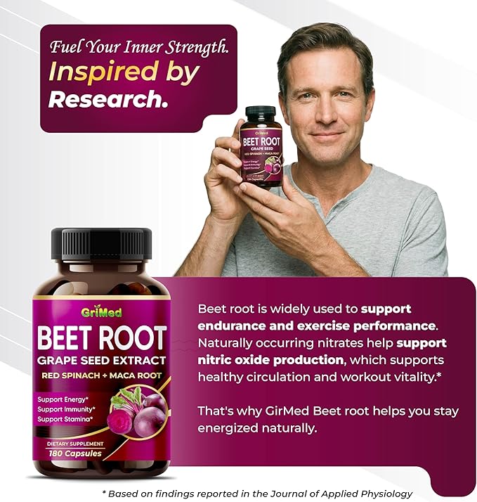 GriMed Beet Root with Grape Seed Extract, Maca Root, Red Spinach & Ashwagandha – 180 Vegetable Capsules