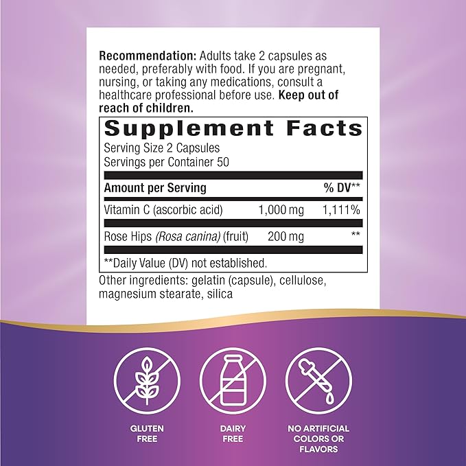 Nature's Way Vitamin C with Rose HIPS, Powerful Antioxidant & Immune Function Support from Vitamin C*,Promotes Collagen for Healthy Skin*, 100 Capsules (Packaging May Vary) - 2 Pack