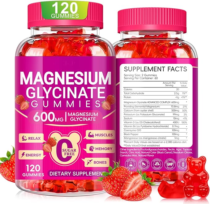 Magnesium Glycinate Gummies 600mg, Chewable Sugar Free Potassium Magnesium Gummies with Magnesium Glycinate, Vitamin D, B6, and CoQ10 for Zzz, Relaxation, Brain and Muscle, 60 Days Supply