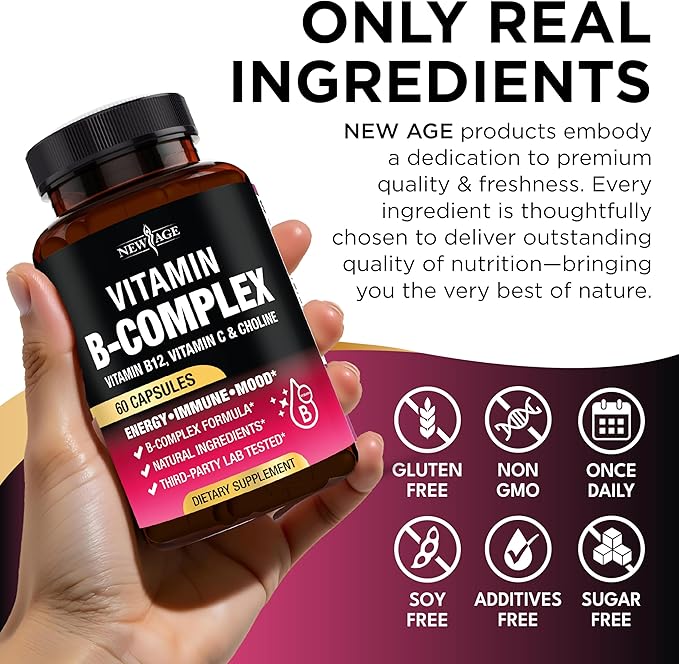 Vitamin B Complex for Men & Women - Made in USA - B-Complex: B1, B2, B3, B5, B6, B7, B8, B9, B12 with Vitamin C, Choline, Inositol - Energy, Brain & Heart Support Supplement - 60 Vegan Capsules
