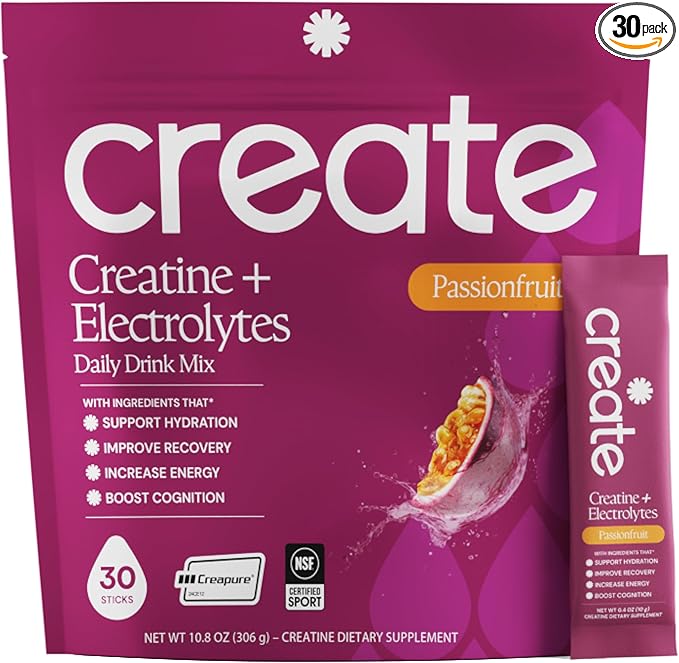 Create Creatine + Electrolytes Mix - Creatine Monohydrate Stick Packs, Supports Energy and Hydration, NSF Certified for Sport, 30 Count, Passion Fruit