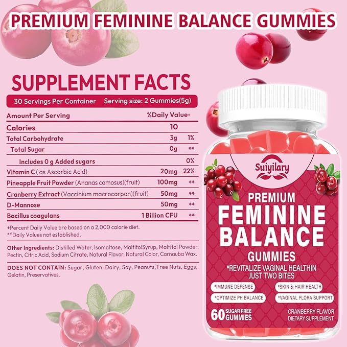 Feminine Probiotics Gummies, Vaginal Health & Women's pH Balance Gummy Supplement with Cranberry Pineapple Powder, Sugar Free Vegan, 60 Count (Cranberry)