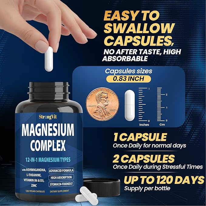 1000mg Magnesium Complex for Women and Men, 12 in 1 Magnesium Supplement with Ashwagandha, Zinc, D3, L-theanine. Easy to Swallow, High Absorption, Sleep Support & Stress Relief (120 Capsules)