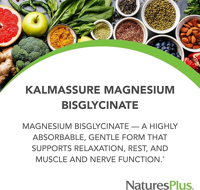NaturesPlus KalmAssure Magnesium Bisglycinate - 180 Capsules - Supports Nerve & Muscle Relaxation - Formulated Without Magnesium Oxide - 60 Servings