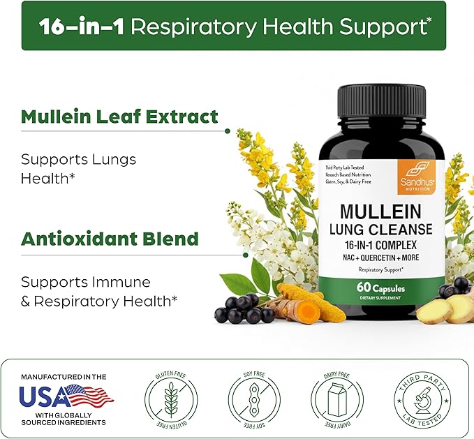 Sandhu's Mullein Capsules for Lungs with Quercetin | Mullein Leaf Extract Supplement for Immune, Lung & Respiratory Health Support | for Men & Women | 60 Count (Pack of 1)