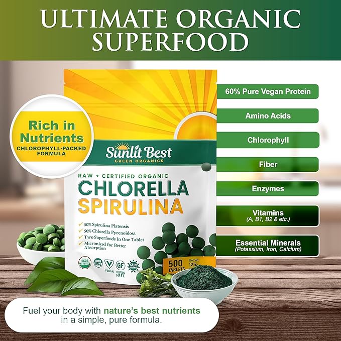 Sunlit Best Chlorella Spirulina Tablets - Organic USDA, Premium Spirulinas and Chlorella Capsules 500 Pills - Chlorellas Natural Superfood with Spirulina Algae, Enzymes Chlorophyll & Vegan Protein