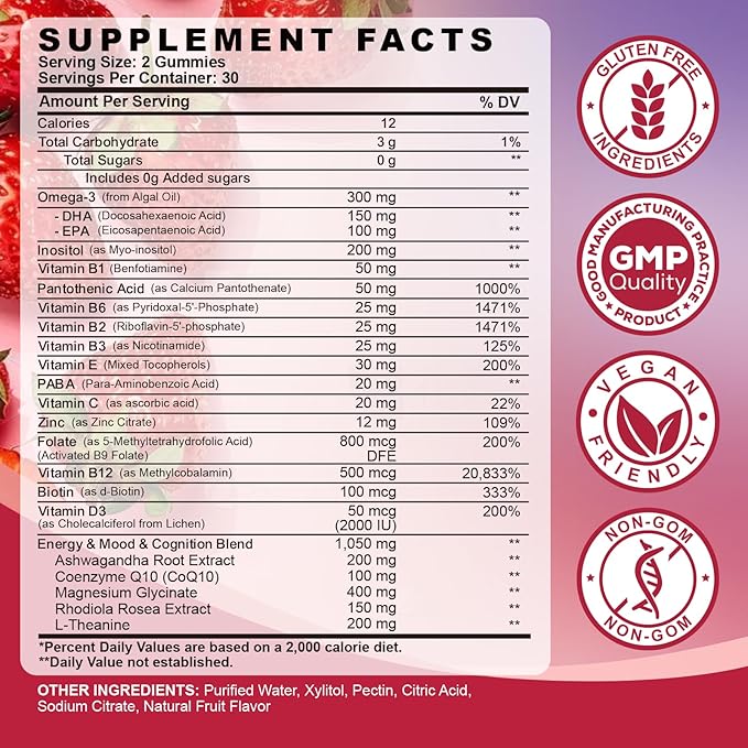 Methylated Vitamin B Complex Gummies for Women & Men with Vitamin B1, B2, B3, B5, B6, B7, B9, B12 & Magnesium, Omega-3, CoQ10, Supports Brain Health, Energy, Immune, Sugar Free, Fruit Flavor, 60ct