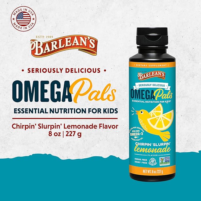 Barlean's Omega Pals Chirpin' Slurpin' Lemonade Flavored Omega-3 for Kids, Yummy Children's Liquid Fish Oil Supplement with 540 mg of EPA and DHA Fatty Acid for Brain & Eye Health, 8 oz