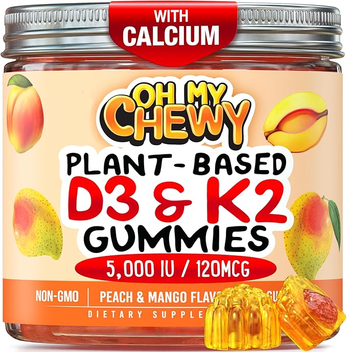 OH MY CHEWY Center-Filled Vitamin D3 K2 & Calcium Gummies - Supplement for Healthy Teeth, Bone & Energy - 5000 IU D3, 120 mcg K2(MK-7), 120 mg CA - Vegan & Non-GMO - 120 Count