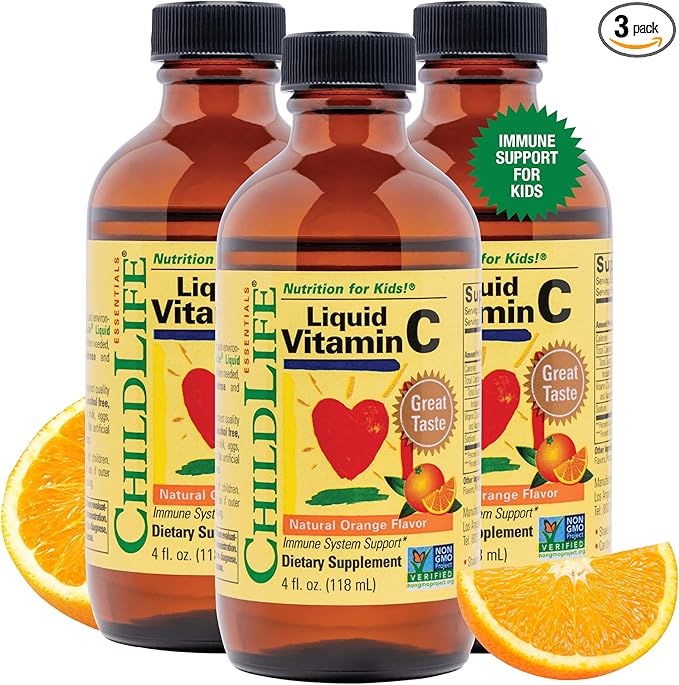 CHILDLIFE ESSENTIALS Liquid Vitamin C - Pure Vitamin C Liquid Supplement for Kids, Immune System Support, Great Taste - Natural Orange, 4 Fl Oz (Pack of 3)