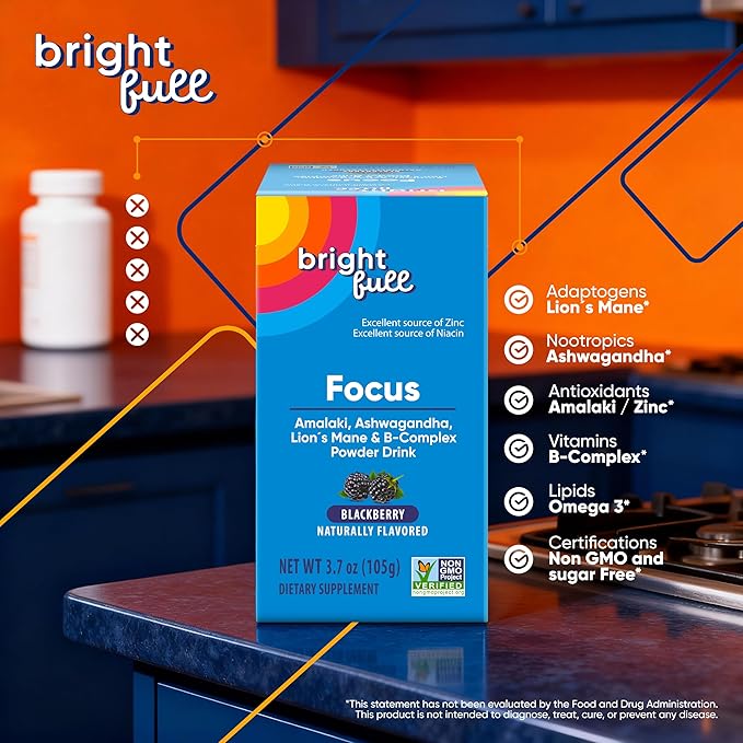 Supplement Focus Sugar Free Dietary Supplement Drink Mix with Ashwagandha, Lion’s Mane, B Vitamins B1 B2 B3 B5 B6 B12, for Cognitive Performance & Clarity BlackBerry, 21 Day Supply