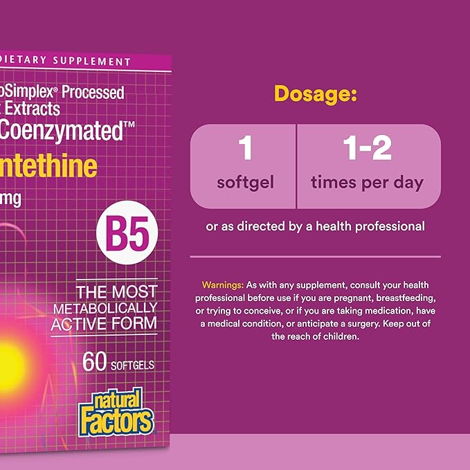 Natural Factors BioCoenzymated Pantethine - B Vitamin Support for Energy Support & Cardiovascular Health - Active Coenzyme Form - Non-GMO, Gluten-Free & Dairy-Free - 60 Softgels