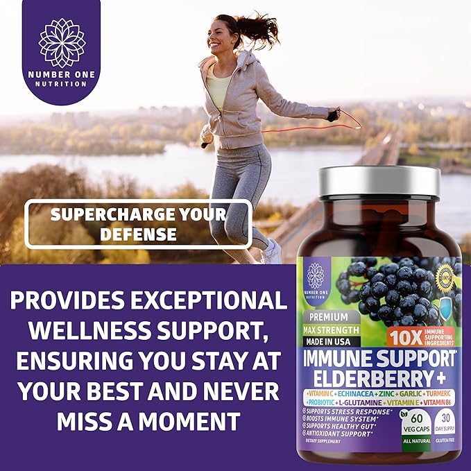 10 in 1 Immune Support Supplement [10 Potent Ingredients] with Elderberry, Vitamin C, Zinc, Echinacea, Turmeric Curcumin, Garlic and Probiotics for Adults, 60 Veg Caps