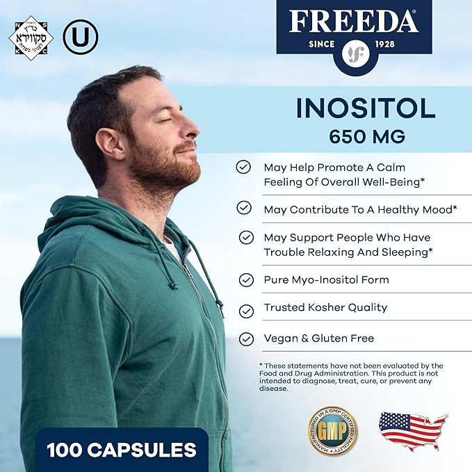 FREEDA Pure Inositol Capsules - 650 mg Inositol Supplement from Myo-Inositol - Mood and Calm Support - Vegetarian and Kosher Certified Vitamin B8 (Inositol) Supplements - Made in USA (100 ct)