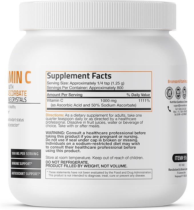 Bronson Buffered Vitamin C Powder Ascorbic Acid Buffered with Sodium Ascorbate Soluble Fine Crystals – Promotes Healthy Immune System and Cell Protection – Powerful Antioxidant - 1 Kilogram (2.2 Lbs)