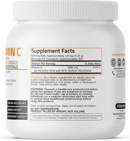 Bronson Buffered Vitamin C Powder Ascorbic Acid Buffered with Sodium Ascorbate Soluble Fine Crystals – Promotes Healthy Immune System and Cell Protection – Powerful Antioxidant - 1 Kilogram (2.2 Lbs)