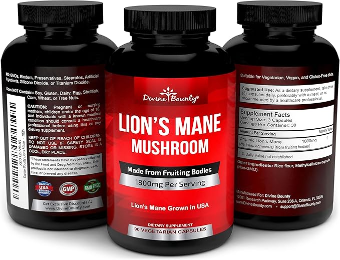 Divine Bounty Lions Mane Mushroom Capsules - 1800mg Lion's Mane Mushroom Per Serving - Non-GMO Nootropic Brain & Immune Support - 90 Vegetarian Caps
