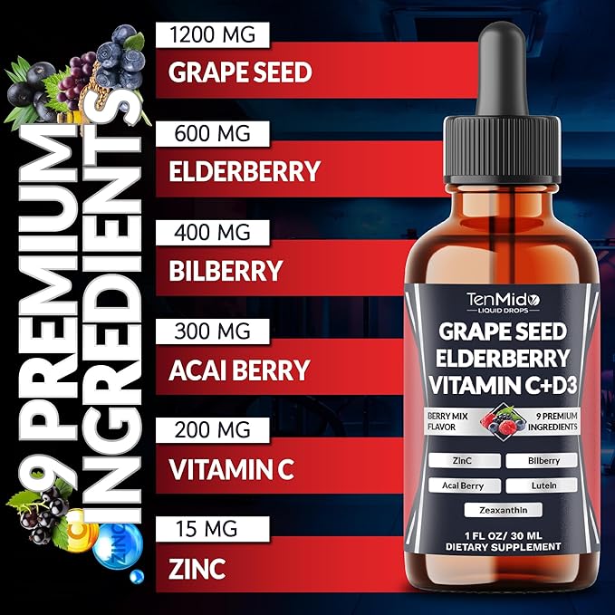 9in1 Grape Seed Extract Liquid Drops with Elderberry, Bilberry, Acai Berry, Lutein, Zeaxanthin, and More - Antioxidant & Immune System Support - 30ml 1 Fl Oz