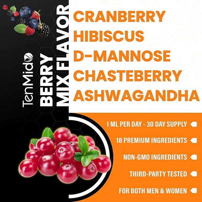 Cranberry Extract Liquid for Women - 18in1 with D-Mannose & Probiotics, Hibiscus, Chasteberry, Ashwagandha, Marigold, Red Clover, Dong Quai and More - 1 Fl Oz