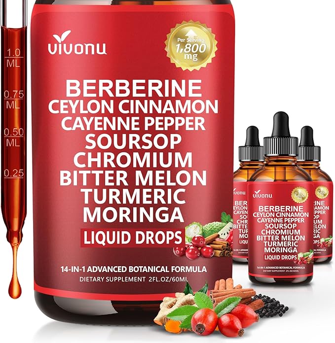 14-in-1 Berberine with Ceylon Cinnamon Supplement Liquid Drops, 1800mg + 30:1 Liposomal Tech with Cayenne Pepper Soursop Chromium Bitter Melon Turmeric Moringa Gymnema Glucomannan, GLP Support 3Bottle