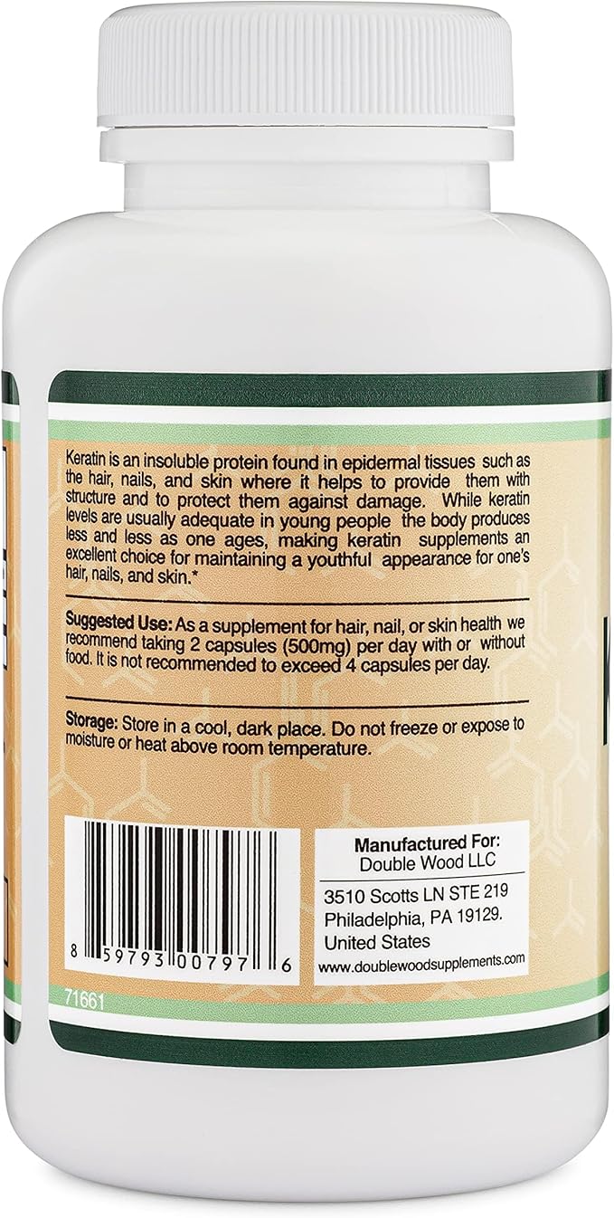 Keratin Hair Growth Vitamin (500mg per Serving, 120 Pills) Keratin Hair Treatment for Men and Women (Vital Protein for Hair, Skin, and Nails) Vitaminas para El Cabello, Vegan Safe by Double Wood