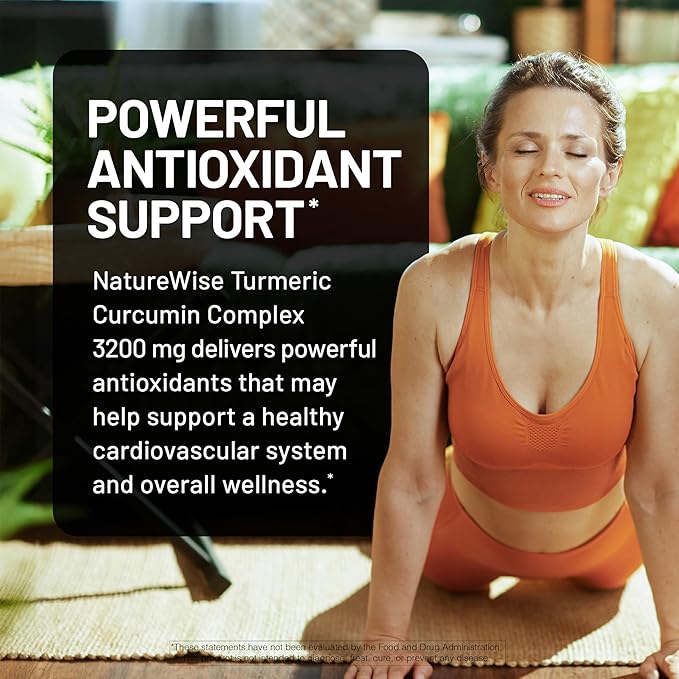 NatureWise Turmeric Curcumin Complex 3200 mg with BioPerine for Absorption - Turmeric Curcumin Supplement for Antioxidant Support - Non-GMO, Vegan, USA Manufactured - 90 Capsules[30-Day Supply]