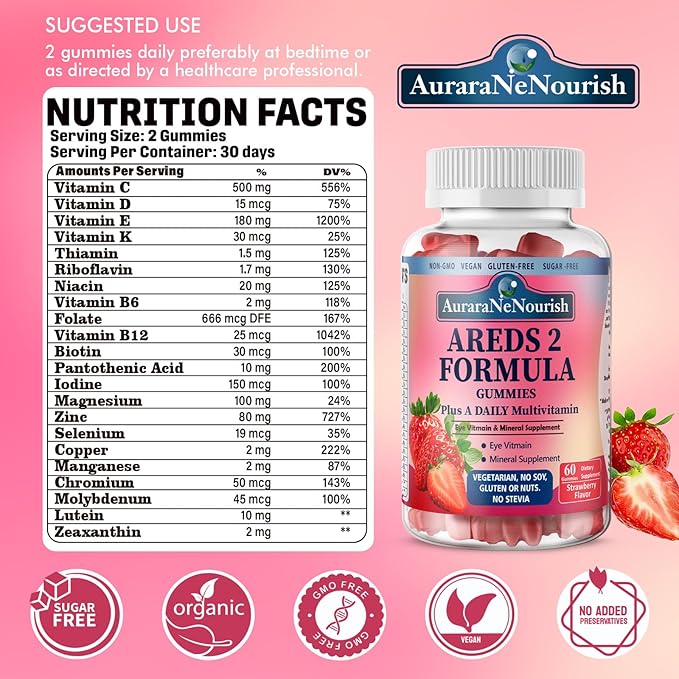 Areds 2 + Advanced Formula for Macular Health, 22-in-1 Eye Vitamin & Mineral Supplement w. Zeaxanthin, Zinc & Vitamin C Supports Eye Strain, Pressure, Night Vision, 60 Chewable Gummies