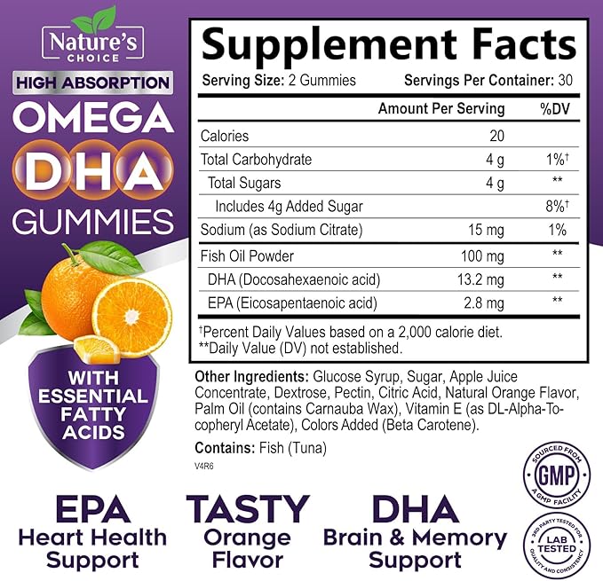 Omega 3 Fish Oil Gummies - Triple Strength Omega3 Gummy - DHA & EPA Fatty Acids for Heart Health, Joint & Brain Support, Nature's High Absorption Omega Fish Oil Supplement, Orange Flavor- 60 Gummies