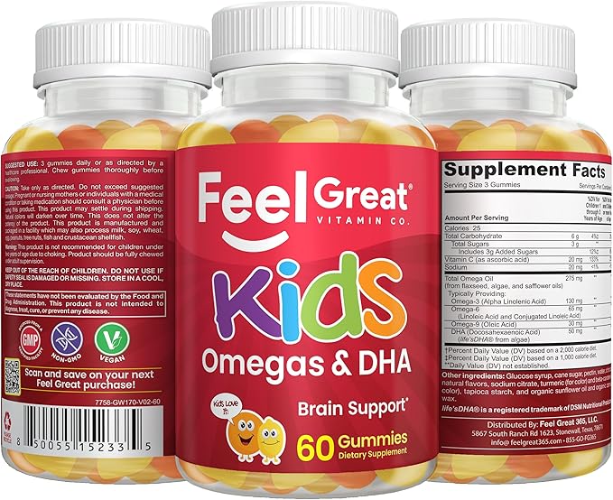Feel Great Vitamins Kids DHA Gummies with Omega 3 6 9, Vitamin C | Supports Healthy Brain Function, Vision & Heart Health | Gluten Free, Vegetarian | 4 Pack