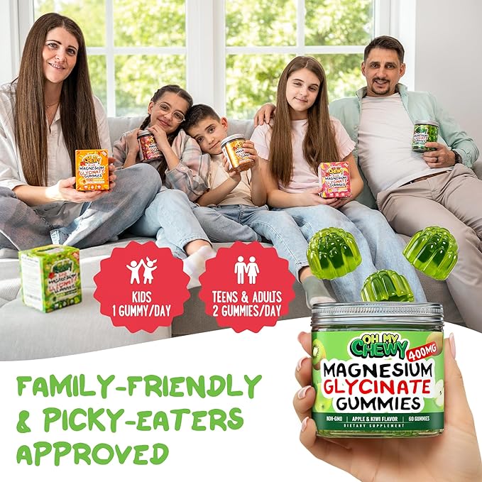Center-Filled Magnesium Glycinate Gummies 400MG - High Absorption for Kids, Teens & Adults - Supplement for Sleep, Calm & Muscle Relaxation with B6 & D3 - Gluten Free & Vegan Friendly - 60 Count
