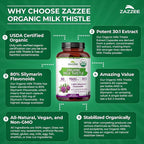 Zazzee USDA Organic Milk Thistle 30:1 Extract, 80% Silymarin, 60 Vegan Capsules, 2 Month Supply, Certified Kosher, High Potency Liver & Antioxidant Support, Silybum Marianum, Non-GMO, Made in the USA