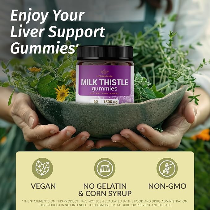 HERBAMAMA Milk Thistle Gummies – 1500mg Milk Thistle Supplement for Liver Detox* & Anitoxidant Support – Liver Support Supplement – Vegan Liver Health* Gummies - 60 Count (30 Servings)