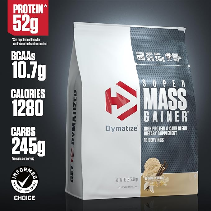 Dymatize Super Mass Gainer Protein Powder, Gourmet Vanilla, 52g Protein, 1g Creatine, 1280 Calories, 10.7g BCAAs, 245g Carbs, Contains Whey Protein, Isolate, and Casein (16 Servings)