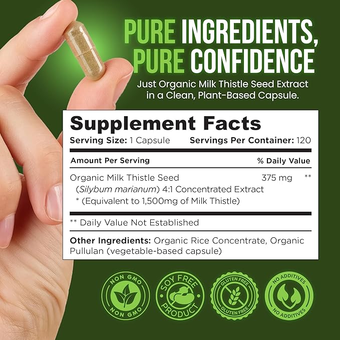 OmniBiotics Organic Milk Thistle Supplement 1500mg – 4X Concentrated Extract with Silymarin – High Potency Liver Detox & Support – 120 Vegan Capsules