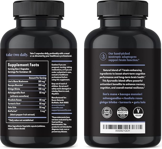 Brain Support Supplement - Natural Memory and Focus Supplement with Lion’s Mane, Ginkgo Biloba, Bacopa Monnieri & Ashwagandha Root - Natural Nootropics & Brain Booster | 60 Capsules