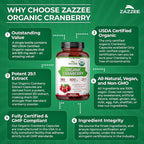 Zazzee USDA Organic Cranberry 25:1 Extract, 500 mg per Capsule, 180 Vegan Capsules, 6 Month Supply, Certified Kosher, Vaccinium Macrocarpon, Urinary Tract & Bladder Support, Non-GMO, Made in the USA