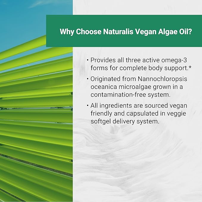 Naturalis Vegan Omega 3 DHA, EPA & DPA from Algae | Vegan Society Certified, Sustainably Sourced, True Full Spectrum | 120 Veggie Softgels (Carrageenan Free)