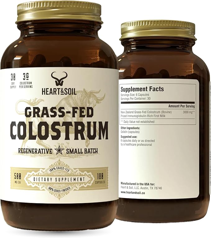 HEART & SOIL 100% Grass Fed & Finished Colostrum Supplement from Regenerative Cattle for Gut, Muscle & Immune Health – 3000mg Bovine Colostrum Capsules - Gut Health for Men & Women –180 Capsules