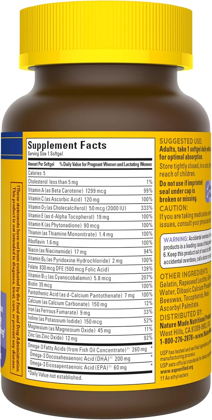 Nature Made Postnatal Multivitamin + DHA 200 mg, Postnatal Vitamins for Women, Includes Iron, Vitamin D3, Calcium, Iodine & More for Breastfeeding Moms, 60 Softgels