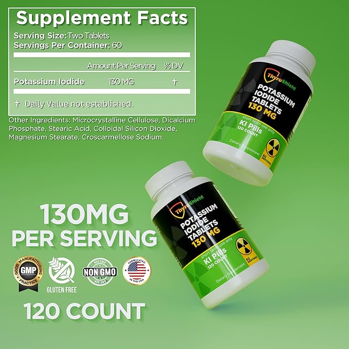 Potassium Iodide Tablets 130 mg | 120ct KI Tablets - Nuclear Radiation Protection - Potassium Iodine Pills - YODO Naciente - KI Pills - USA - ThyroShield